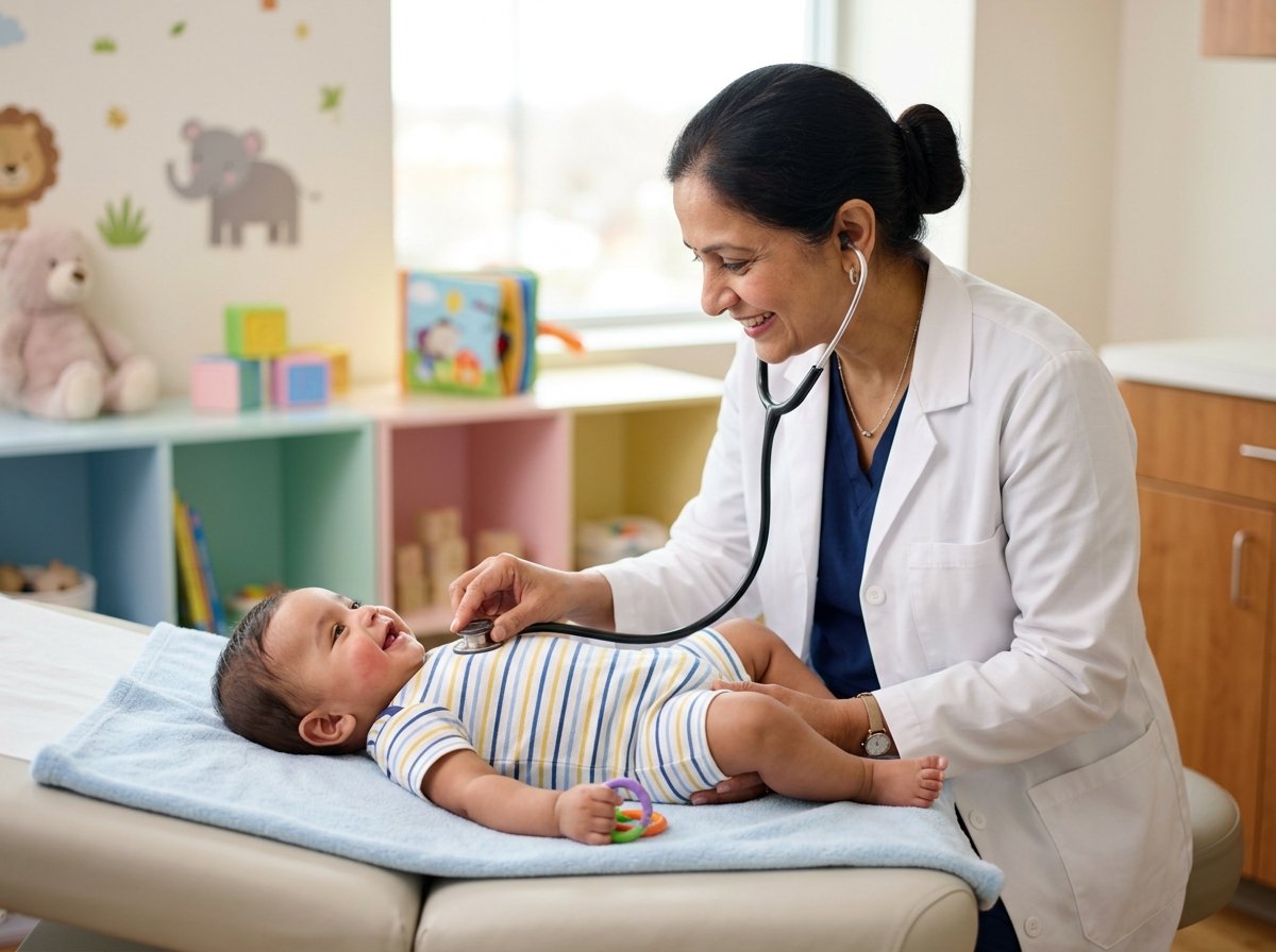 A caring paediatrician examining a smiling baby with a stethoscope during a clinic consultation